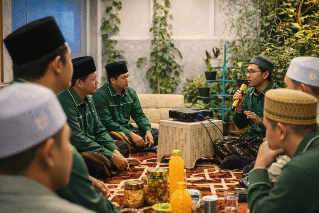 Ali Tofan menyampaikan materi pajak bisnis umat kepada kader ISNU Krian didampingi moderator Dr. Muhamad Fatih Rusydi.