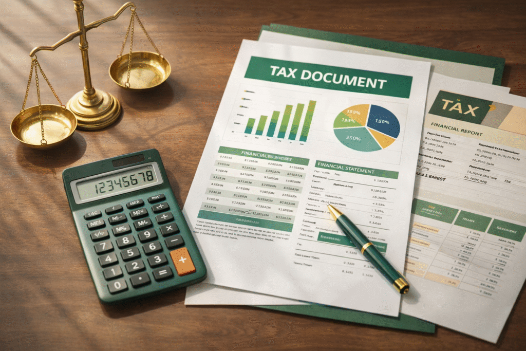 “Ilustrasi dokumen pajak, kalkulator, dan timbangan keadilan sebagai simbol pengelolaan pajak yang adil dan transparan.