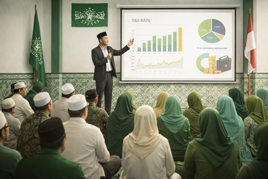“Pelatihan pajak ISNU Krian, ilustrasi kader NU mengikuti kajian pajak dan bisnis di aula bernuansa hijau-putih.