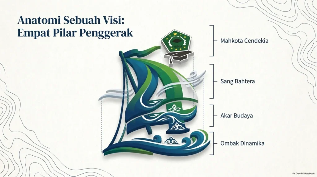Ilustrasi empat pilar penggerak Konfercab Ke-4 PC ISNU Sidoarjo: Mahkota Cendekia, Sang Bahtera, Akar Budaya, dan Ombak Dinamika