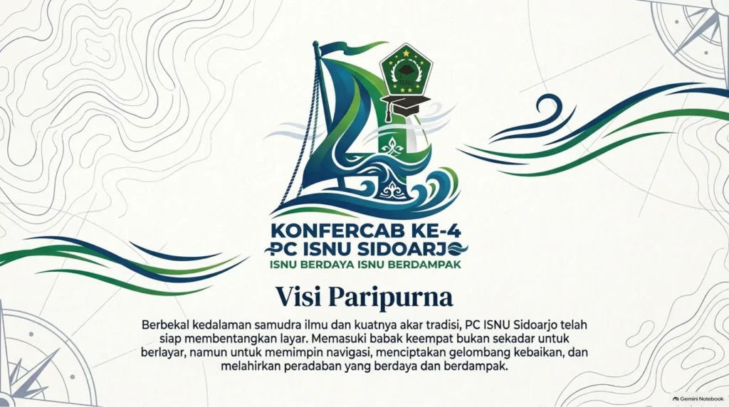 Ilustrasi visi paripurna Konfercab Ke-4 PC ISNU Sidoarjo dengan bahtera, akar tradisi, navigasi, dan ombak sebagai simbol perjalanan berdaya dan berdampak